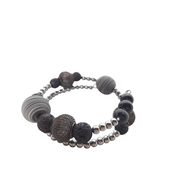 Black Silver Textured Mesh Metallic Shiny Beaded Wrap Bracelet Costume Jewelry - Picture 1 of 5